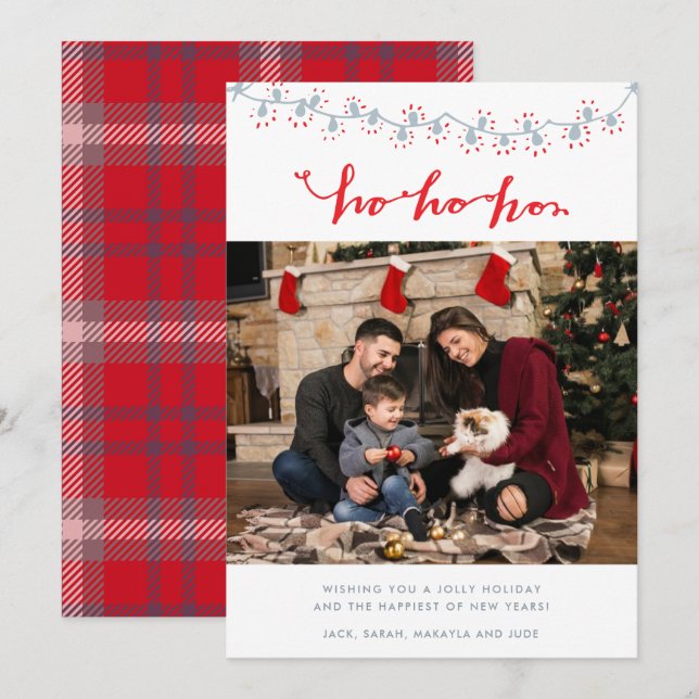 Santa Family Photo Plaid Christmas Card (Front/Back)