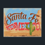 Santa Fe New Mexico Cartoon Desert Vintage Travel Postcard<br><div class="desc">Santa Fe New Mexico neo vintage travel design in funny cartoon retro style featuring the desert,  a cactus and rocks. Blue,  brown and red with green cactus.</div>