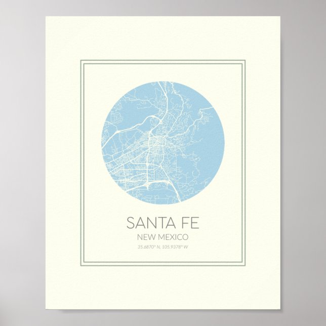 Santa Fe New Mexico Minimalist Pastel Blue Map Art Poster (Front)