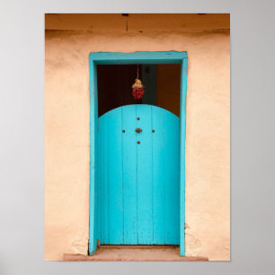 Santa Fe Red Chilli Ristras Turquoise Door NM Poster