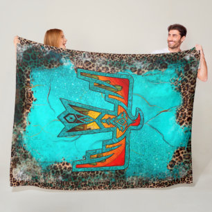 Santa Fe Thunderbird Turquoise Marble Leopard Fleece Blanket