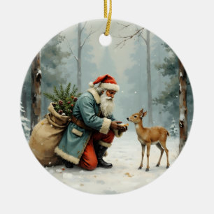 Santa Feeding Deer Christmas Keepsake Ceramic Tree Decoration