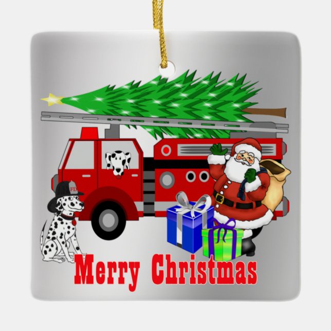Santa Fire Truck and Dogs Christmas Ceramic Ornament (Front)