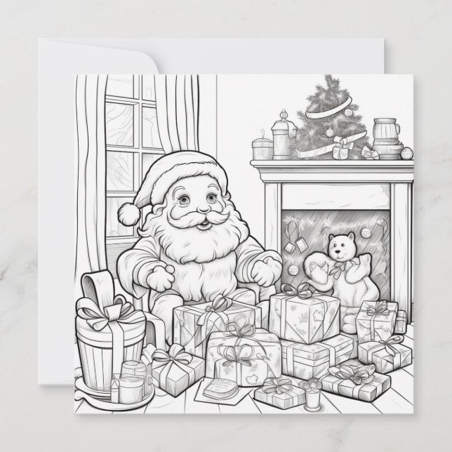 Santa Fireplace Gifts Kids Colouring Christmas  Holiday Card (Front)