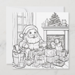 Santa Fireplace Gifts Kids Colouring Christmas  Holiday Card