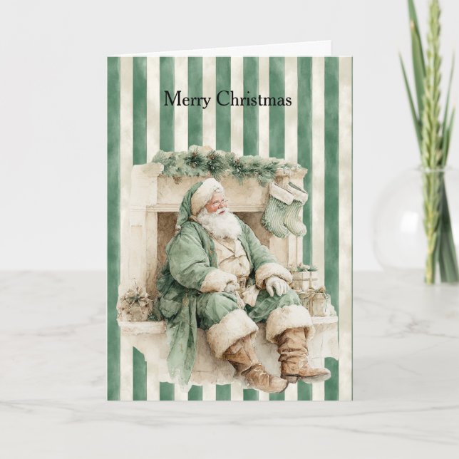 Santa Fireplace Stockings Green Stripes Christmas Card (Front)