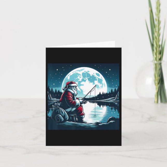 Santa Fishing Christmas Xmas Fisherman Fisher Moon Card (Front)