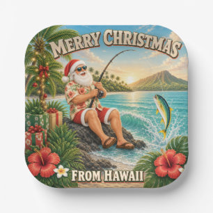 Santa Fishing in Hawaii Shirt Christmas Paper Plate