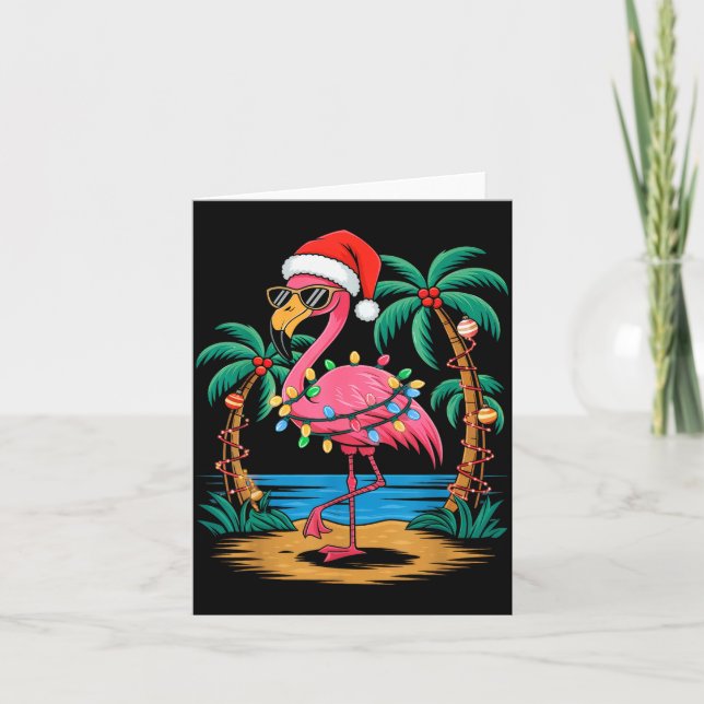 Santa Flamingo Christmas Lights Trocal Palms Tree  Card (Front)