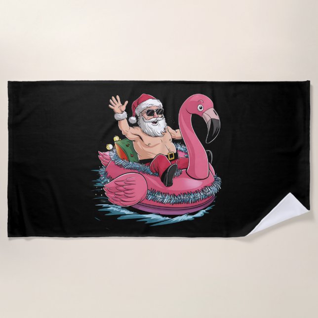 Santa Flamingo Floatie Christmas In July Summer Beach Towel (Front)