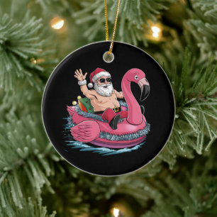 Santa Flamingo Floatie Christmas In July Summer Ceramic Tree Decoration