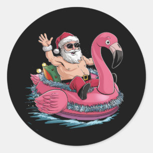 Santa Flamingo Floatie Christmas In July Summer Classic Round Sticker