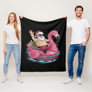 Santa Flamingo Floatie Christmas In July Summer Fleece Blanket