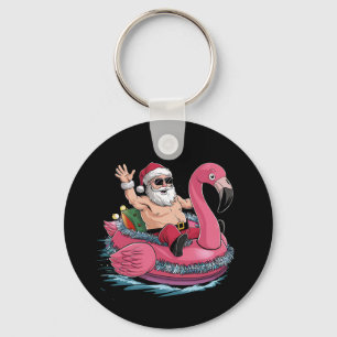 Santa Flamingo Floatie Christmas In July Summer Key Ring