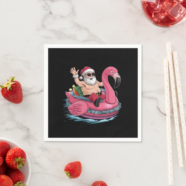 Santa Flamingo Floatie Christmas In July Summer Napkin (Insitu)