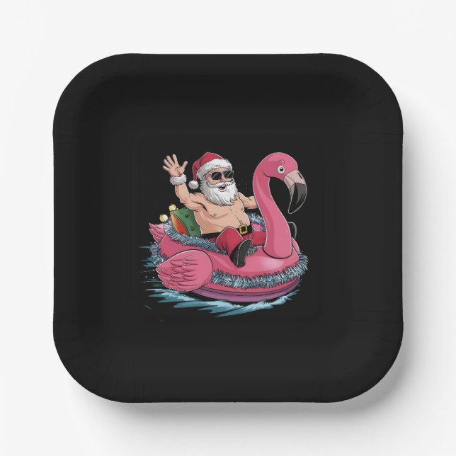 Santa Flamingo Floatie Christmas In July Summer Paper Plate (Front)