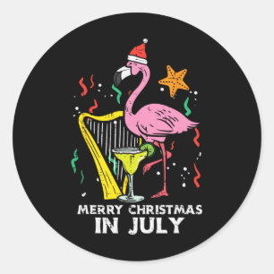 Santa Flamingo Harp Merry Christmas In July Cute S Classic Round Sticker