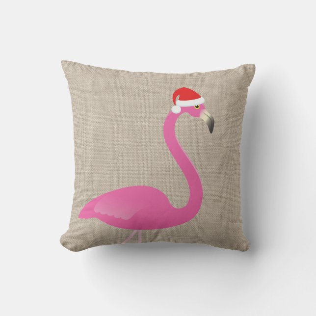 Santa Flamingo on Burlap Linen Outdoor Pillow (Front)