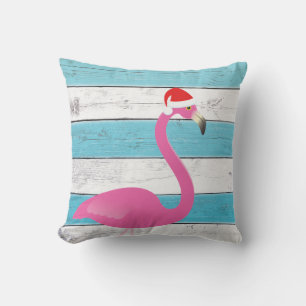 Santa Flamingo on Striped Outdoor Pillow
