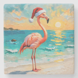 Santa Flamingo on the Beach Stone Coaster