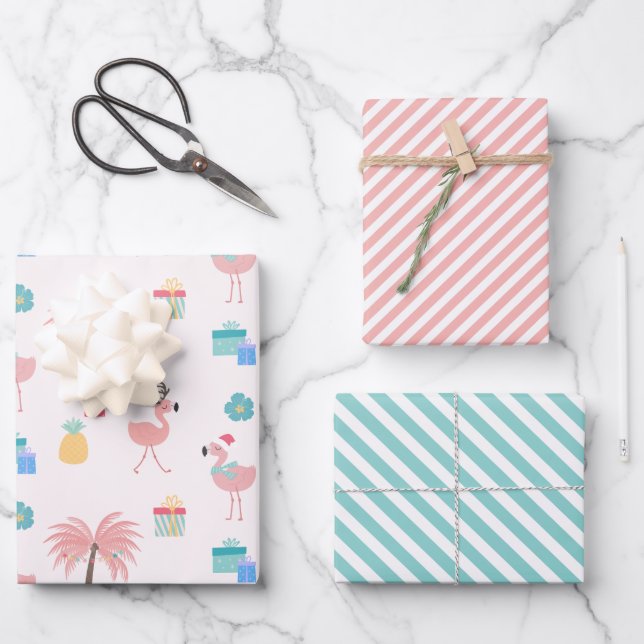 Santa Flamingo Pattern Fun Pink Tropical Christmas Wrapping Paper Sheet (Front)