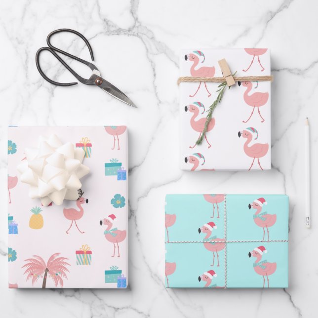 Santa Flamingo Pattern Fun Pink Tropical Christmas Wrapping Paper Sheet (Front)