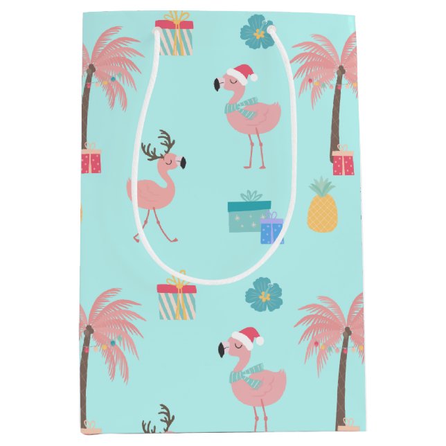 Santa Flamingo Pattern Fun Teal Tropical Christmas Medium Gift Bag (Front)