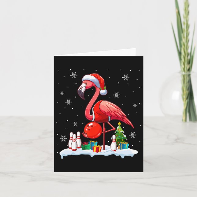 Santa Flamingo Playing Bowling Xmas Player Lover K Card (Front)