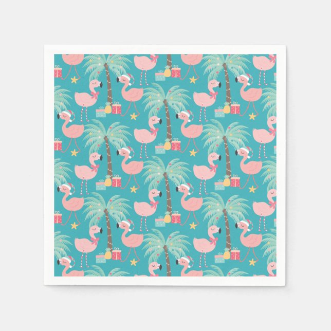 Santa Flamingo's - Fun Aqua Tropical Christmas Napkin (Front)