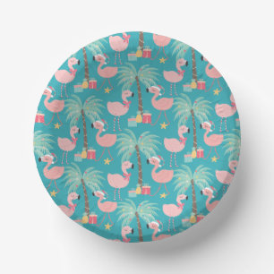 Santa Flamingo's - Fun Aqua Tropical Christmas Paper Plate