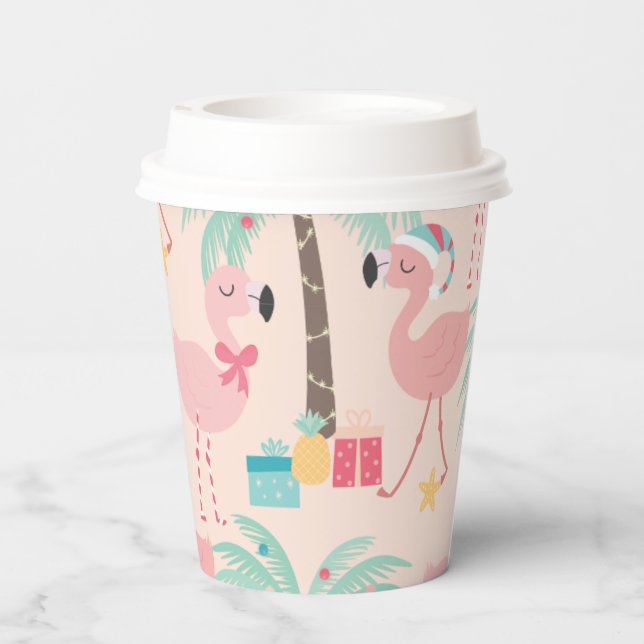 Santa Flamingo's - Fun Pink Tropical Christmas Paper Cups (Back)