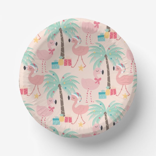 Santa Flamingo's - Fun Pink Tropical Christmas Paper Plate (Front)