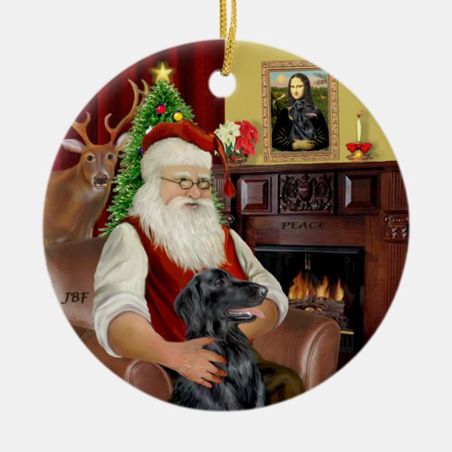 Santa - Flat Coated Retriever Ceramic Tree Decoration (Front)