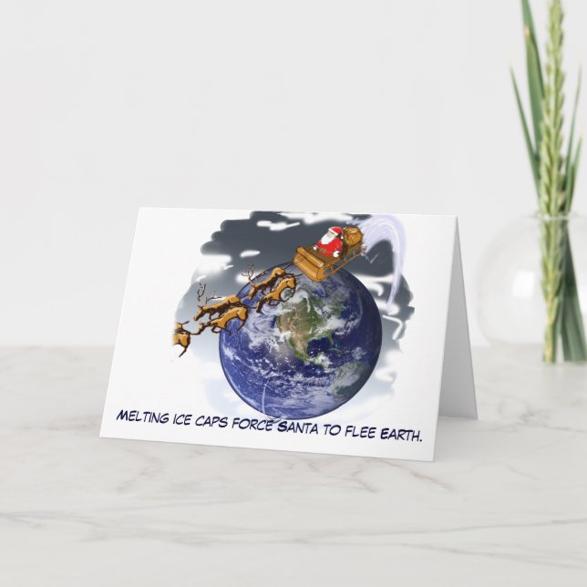 Santa Flees Earth Climate Change Melts North Pole Holiday Card (Front)