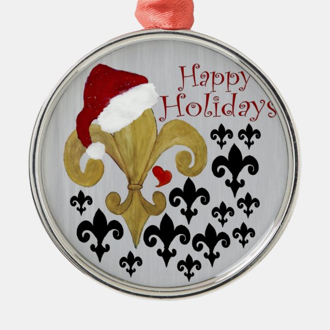 Santa Fleur de lis black and gold Christmas Metal Tree Decoration (Front)