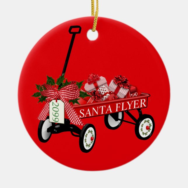 Santa Flyer Toy Red Wagon with Year Christmas Ceramic Tree Decoration (Front)
