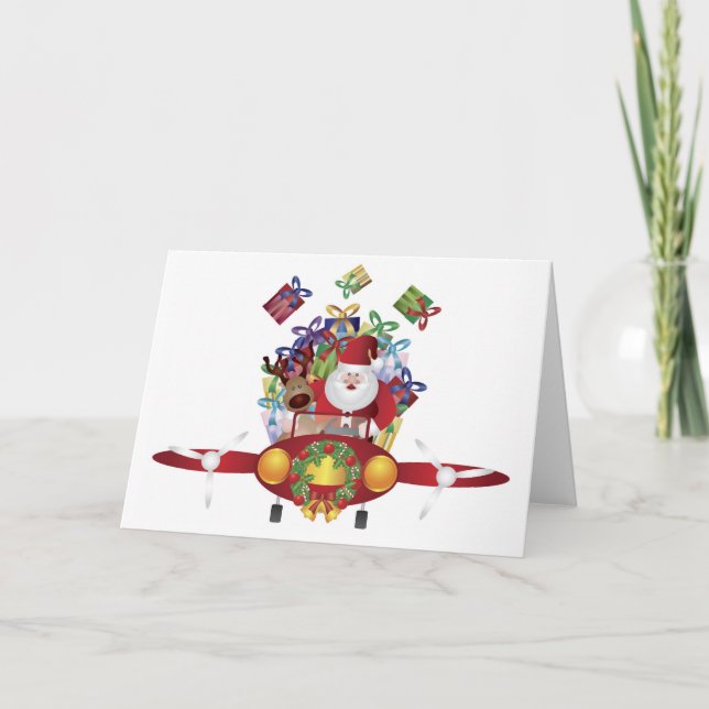 Santa Flying a Vintage Plane Greeting Card (Front)