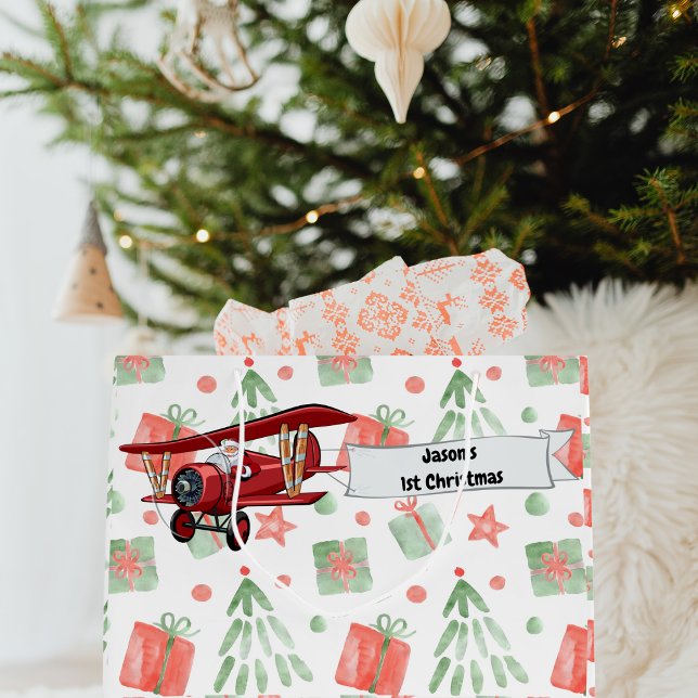 Santa Flying Aeroplane,First Christmas Personalise Large Gift Bag (Creator Uploaded)