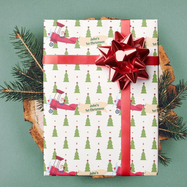 Santa Flying Aeroplane,First Christmas,Personalise Wrapping Paper (Creator Uploaded)