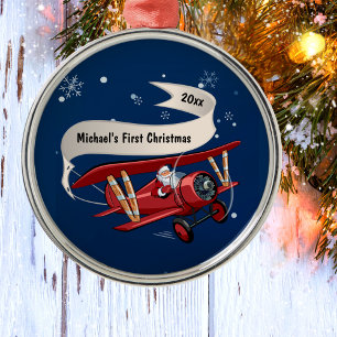 Santa Flying Aeroplane, Kids First Christmas,Custo Metal Tree Decoration