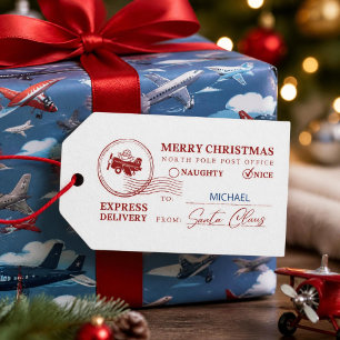 Santa Flying Aeroplane Mail Stamp Custom Christmas Gift Tags