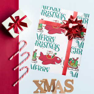 Santa Flying Aeroplane, Sleigh & presents,Christma Wrapping Paper