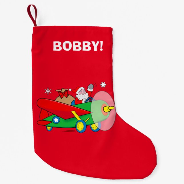 Santa Flying Aeroplane with Gifts Name Small Christmas Stocking (Front)