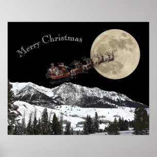 Santa flying high over the moon poster