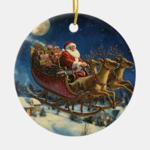 Santa Flying Over Snowy Village Christmas Ornament