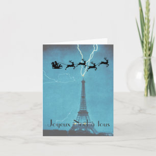 Santa Flying Past the Eiffel Tower Holiday Card