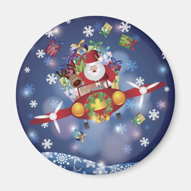 Santa Flying Vintage Plane Magnet (Front)