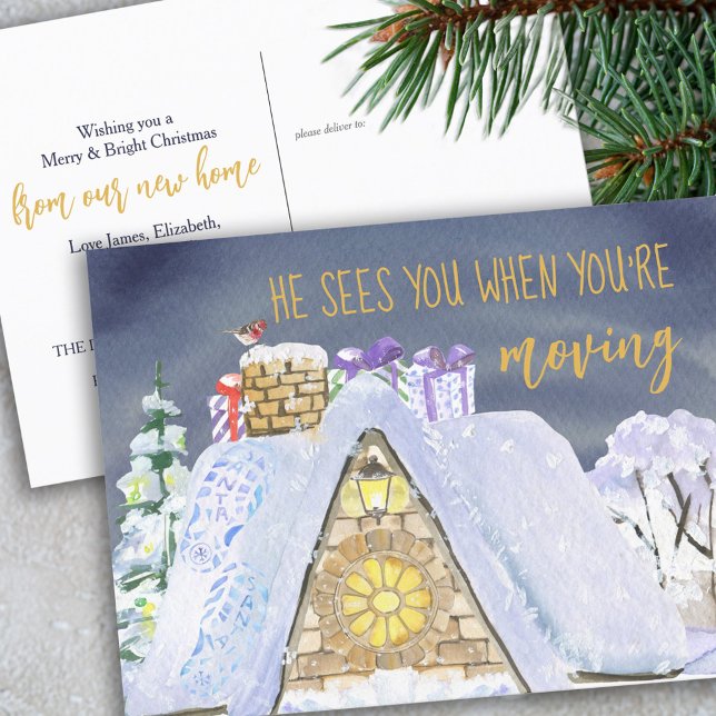 Santa Footprints on Snowy Rooftop Christmas Moving Holiday Postcard (Creator Uploaded)