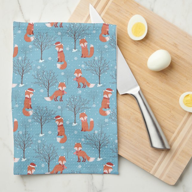 Santa Fox and Winter Trees  Tea Towel (Quarter Fold)