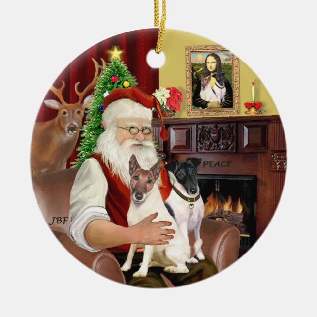 Santa - Fox Terriers (TWO-Smooth) Ceramic Tree Decoration (Front)